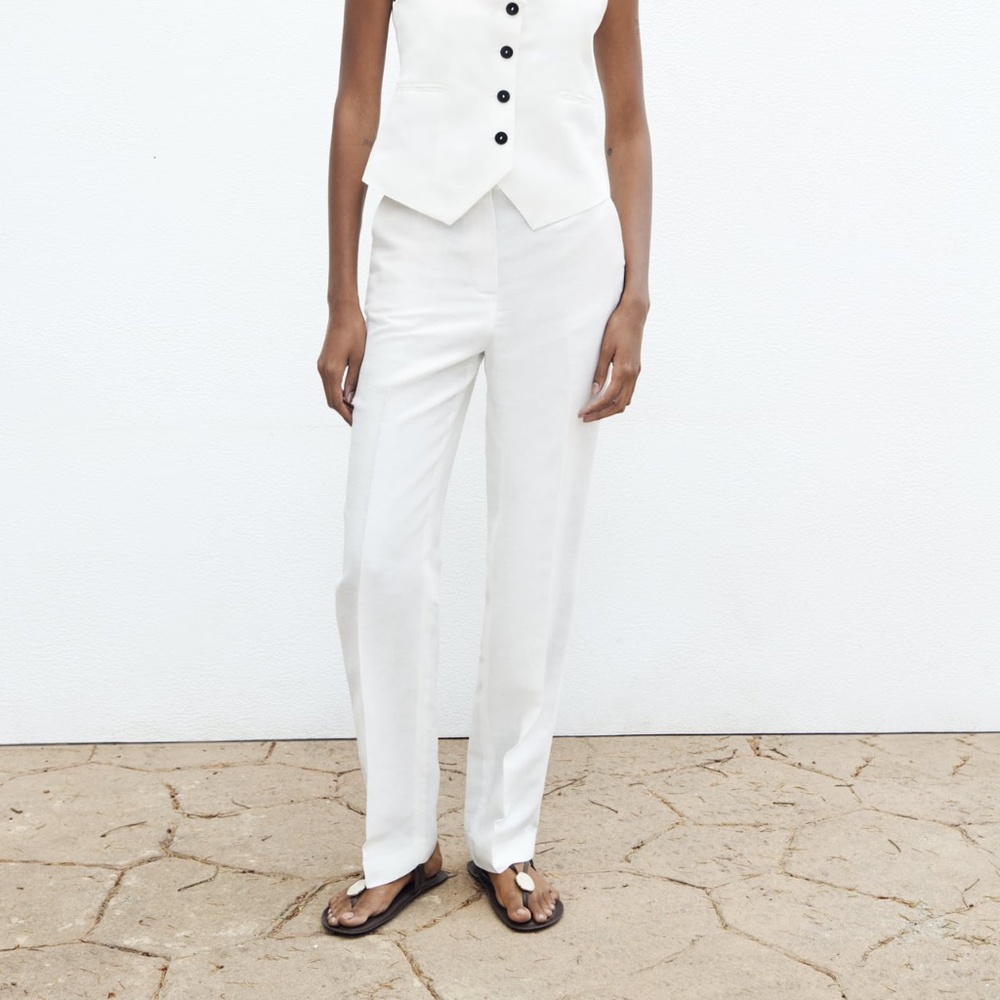 NWT Zara WHITE LINEN BLEND STRAIGHT PANTS (Sold Out) Size S